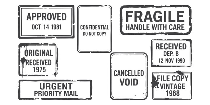 Set of vintage rubber stamps with text like approved fragile confidential and urgent mail labels