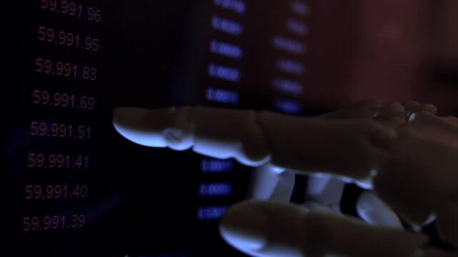 AI robotic arm analyzing high-frequency financial data on a monitor. Close-up footage with shallow depth of field in dim light.