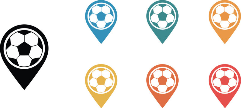 Soccer ball icon set, football map location symbols, sports navigation markers, game pin icons, tournament locations, mobile app, website, GPS interface.