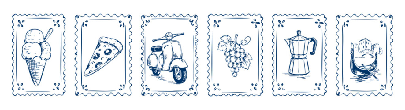 Italian summer doodle postage stamp set with vintage postcard food and travel illustrations.