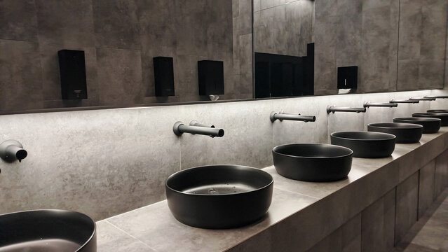 Contemporary washroom interior with row of sinks