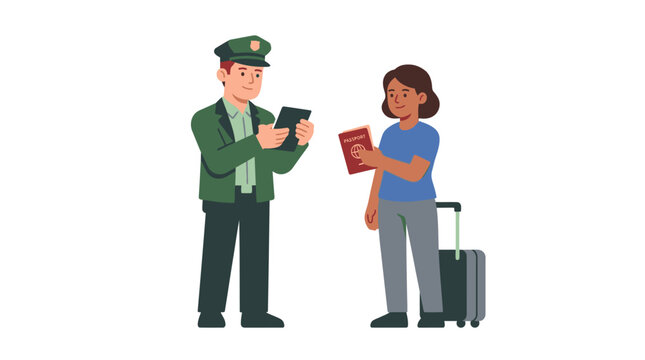 Border Control Officer Checks Passport of Traveler with Luggage