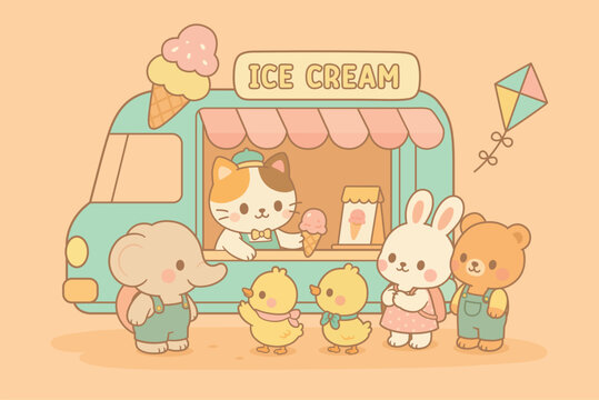 Cute Kawaii Ice Cream Truck with Animal Friends &ndash; Summer Cartoon Illustration
