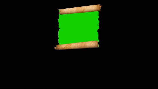 Vintage blank parchment scroll with torn edges on a black background. Ancient parchment scroll banner, isolated, green chromakey, luma matte included.