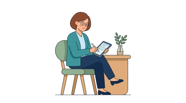 Woman working on tablet computer at desk with plant, illustration