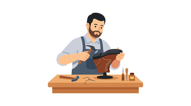 Cobbler repairing a boot with hammer and tools on wooden workbench
