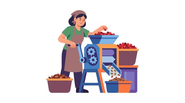 Woman operating coffee bean processing machine, sorting fresh cherries into baskets.