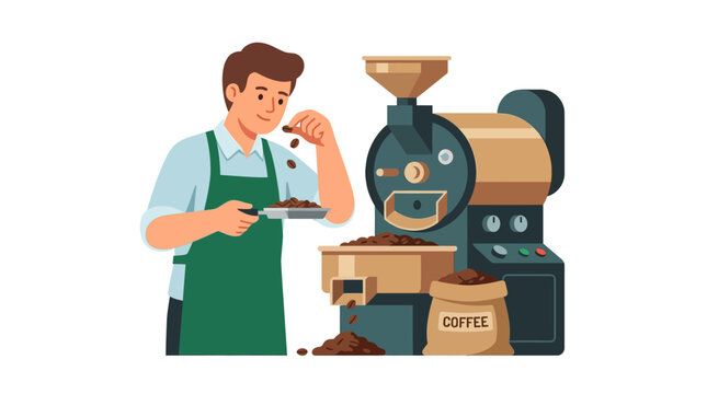 Coffee Roaster Inspecting Beans Near Machine, Aroma, Professional Quality Control