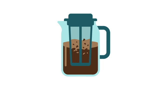 French Press Coffee Maker with Ground Coffee Beans and Water - Flat Design Icon