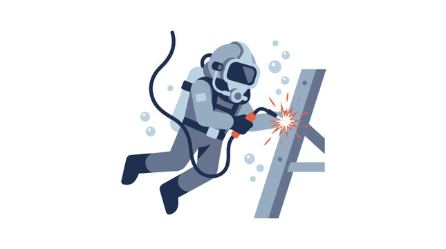Underwater welder in vintage diving suit repairs metal structure with welding torch