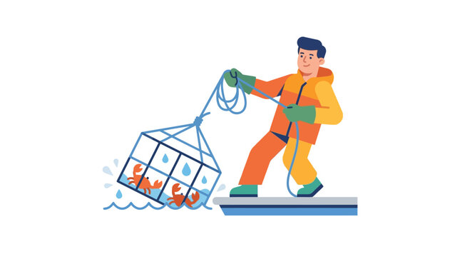 Fisherman Hauling Crab Pot Full of Crabs from Water