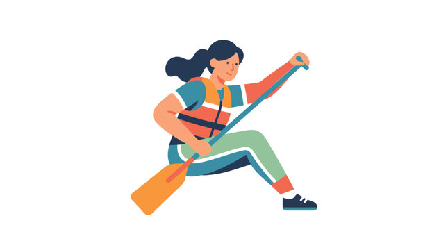 Woman Canoeing Kayaking Paddling Sport Activity Illustration Flat Design