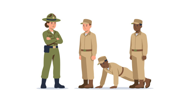 Military Training: Drill Sergeant Supervising Recruits Doing Push-ups