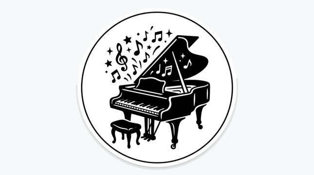 Grand piano and musical notes inside circular border badge.