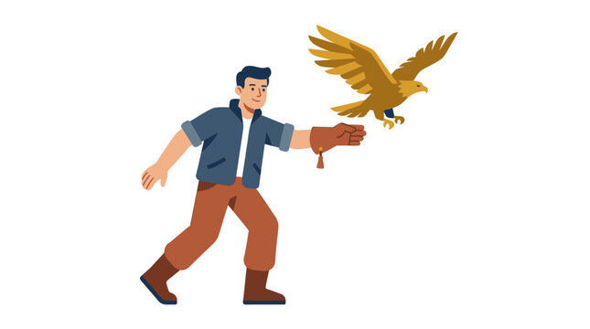 Man with Falconry Glove and Eagle Bird Flying Outdoors