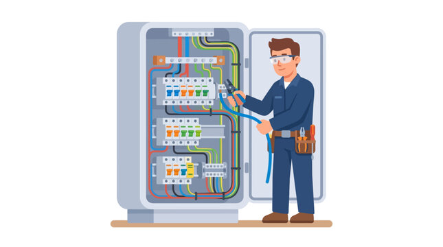 Electrician working on electrical panel with wires and breakers, safety glasses