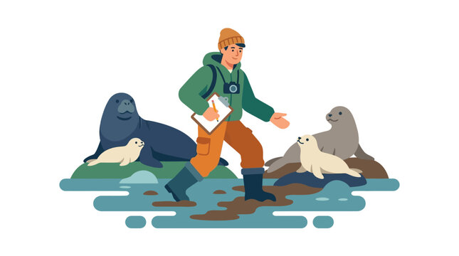 Zookeeper observing seals and pups in natural habitat, carrying clipboard and camera