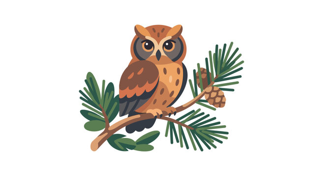 Cute Owl Perched on Pine Branch with Cone, Illustration