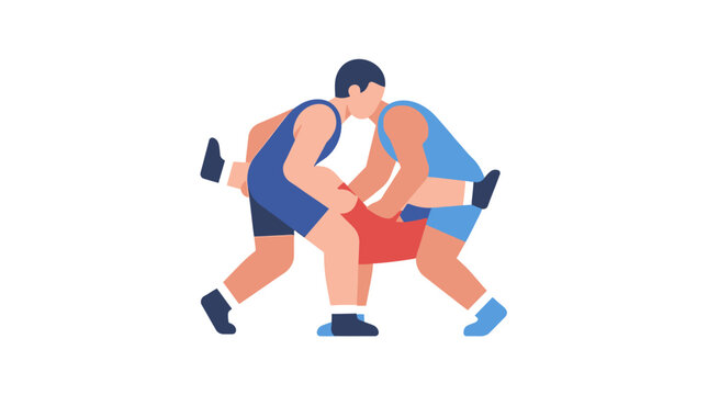 Two wrestlers in blue and red singlets grappling in a match, flat design illustration.