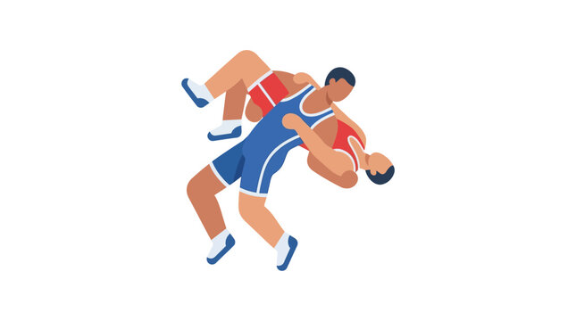 Wrestlers battling on white background, sports illustration, competitive sport, athletic action