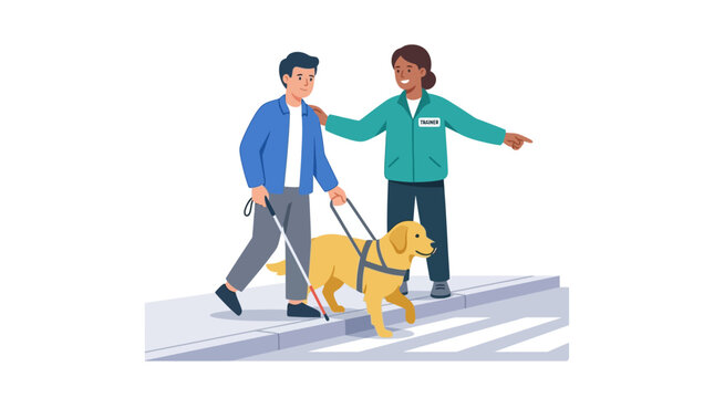 Visually impaired man with guide dog and assistant crossing street