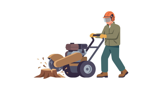 Arborist operating a tree stump grinder machine, removing tree stump outdoors
