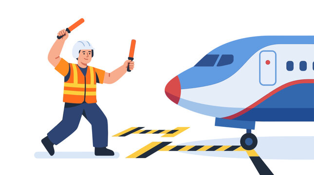 Airport worker guiding airplane with signal wands, aviation, travel, safety, ground crew
