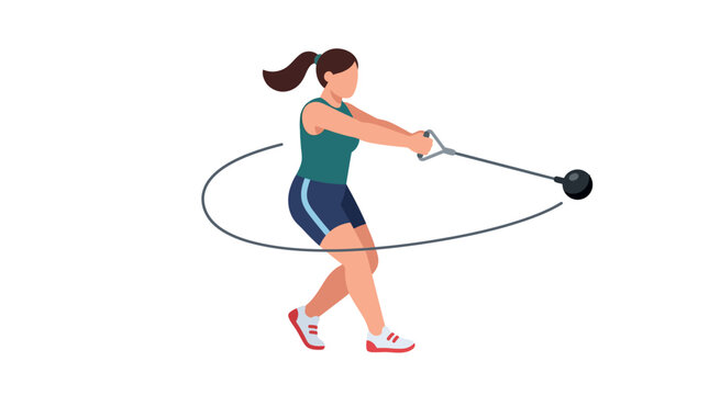 Woman athlete training hammer throw sport, isolated on white background, flat illustration
