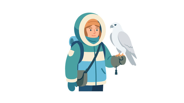 Person in winter clothing holding a falcon, arctic concept, illustration