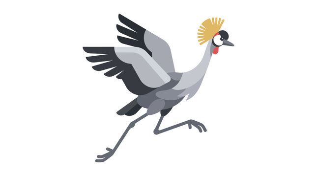 Grey Crowned Crane Bird Flying Isolated White Background Cartoon Style