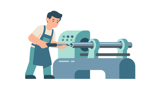 Craftsman operating a lathe machine, metalworking, manufacturing, factory work, industrial illustration