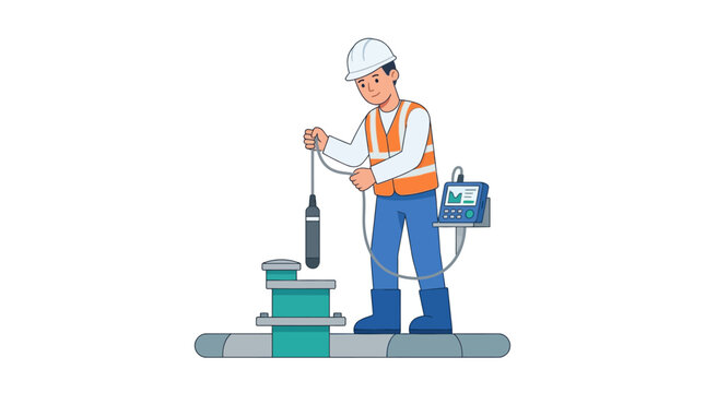 Worker inspects pipeline with sensor device, industrial safety inspection concept