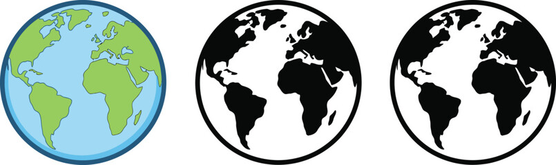 World, earth planet icon set, globe icons, geography symbols, global network, world map, international business, navigation, digital interface design. © Miah