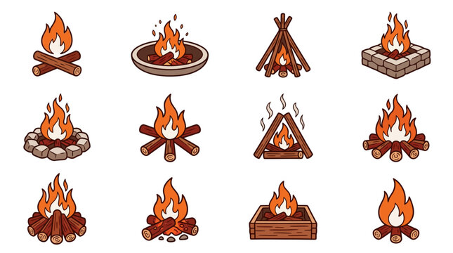 Flat vector campfire and wood fire pit illustrations.