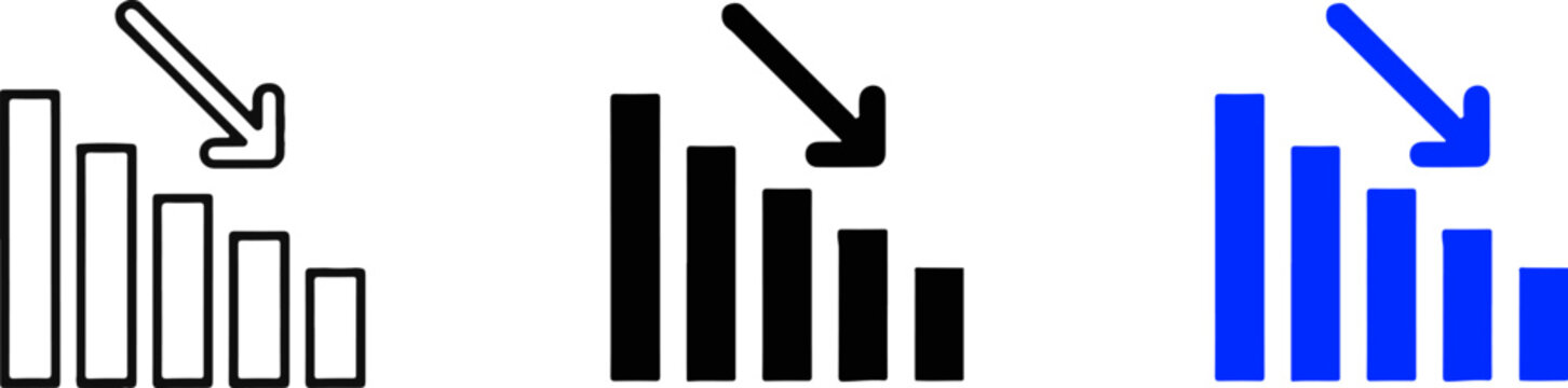 Bar chart icon set showing downward trend and decrease with downward business decrease economic analytics statistics negative marketing