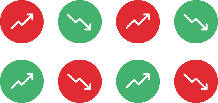 Set of trend analysis business icons with red and green circular background showing rising and falling arrows for growth and decline concepts