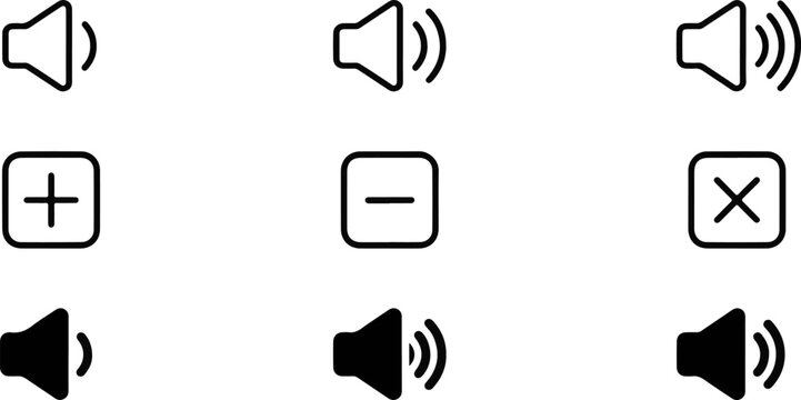 Collection of speaker volume and user interface control symbols including plus minus and close buttons in thin line and solid black styles