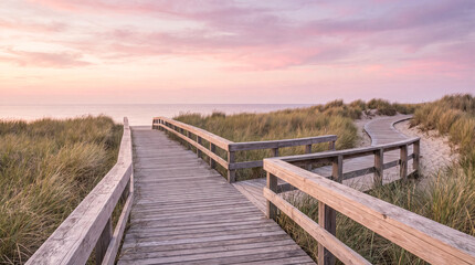 Obraz premium Wooden Boardwalk Leading Through Coastal Wetlands at Sunset with Reflective Water