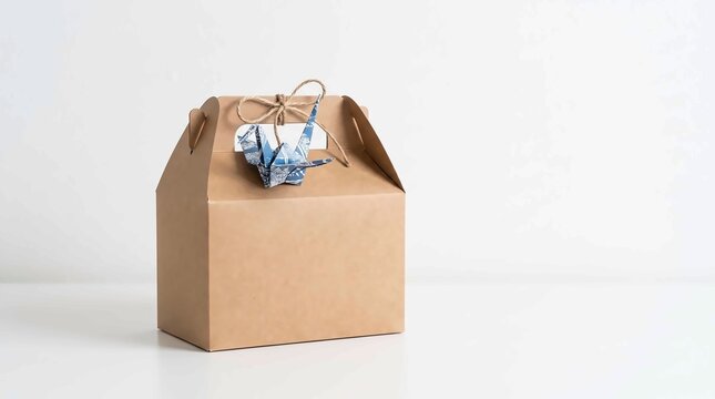 Brown cardboard gift box decorated with a blue patterned paper origami crane and rustic twine