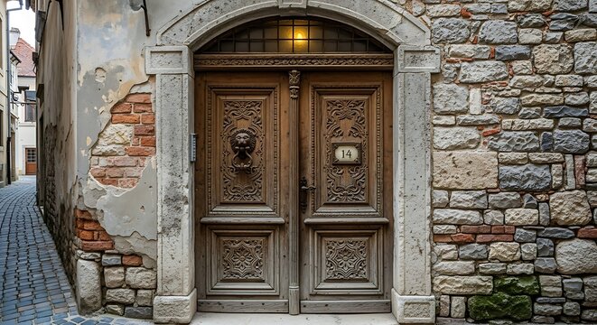 Historic Wooden Door Entrance in Stone Wall Building.
