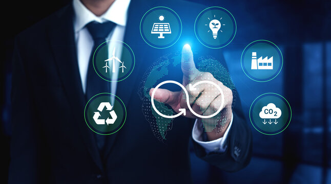 A business professional engages with digital eco-friendly icons showcasing renewable energy and sustainable practices, emphasizing innovation and growth for a better future. Cyphers
