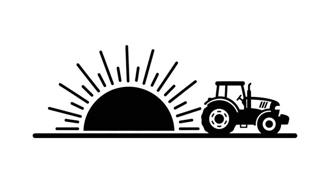 Farm tractor in front of a rising sun icon.