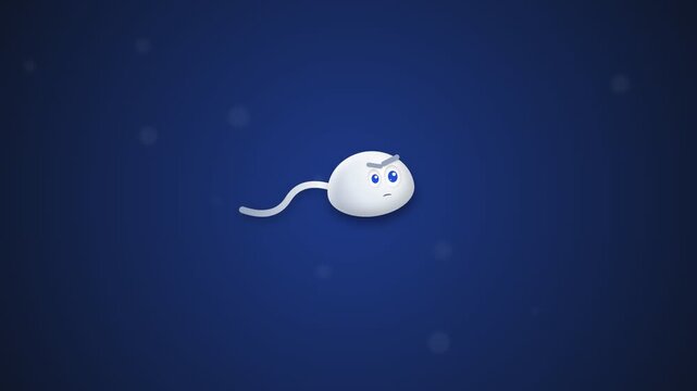 Cartoon illustration of a sperm cell swimming on a blue background