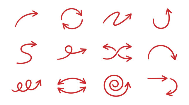 Red curly and loopy hand-drawn arrow collection.