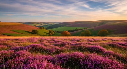 Naklejka premium Vast Lavender Field Landscape During Sunset with Rolling Hills.