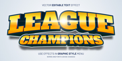 Obraz premium Golden 3D champions league text effect font. Bold football soccer winner tournament typography template vector design. Editable slot game esport match headline promotion banner.
