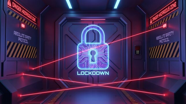 Futuristic corridor with glowing digital padlock and red security laser beams. High tech lockdown atmosphere for data protection. Ideal for cybersecurity or science fiction themes.
