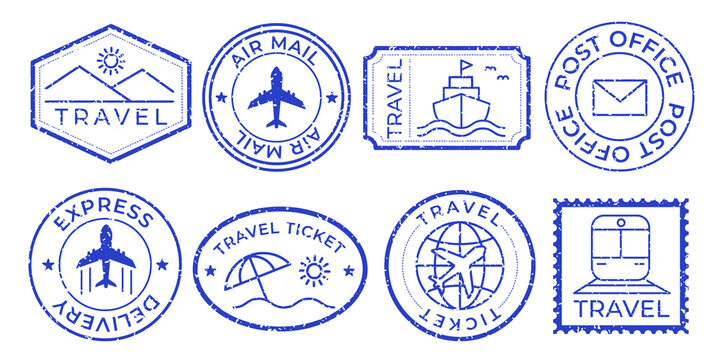 PNG Vintage travel-themed stamp designs , set on transparent background