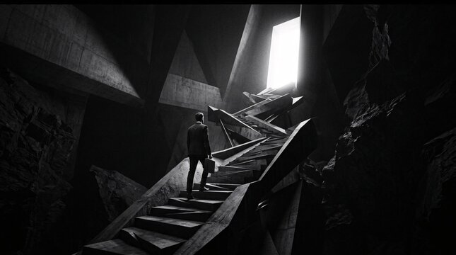 Businessman Facing Challenges Ascending a Fragmented Staircase Towards a Bright Hopeful Future