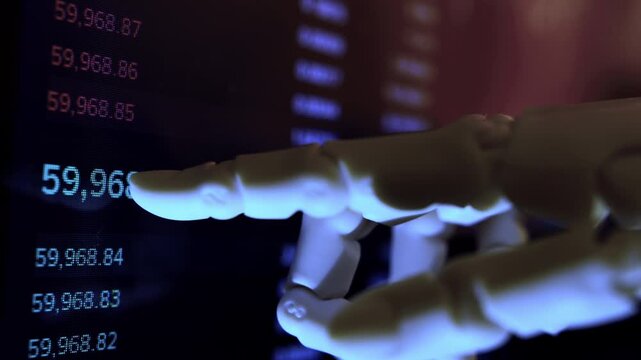 Cinematic humanoid robot hand scanning numerical spreadsheet on computer monitor close up. AI automated accounting metaphor,  digital tech innovation, shallow DOF, dim light.